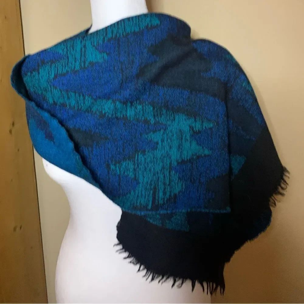 Auth Vtg Blue Green Black Abstract Yves Saint Laurent 70s Shawl Scarf. Pristine
